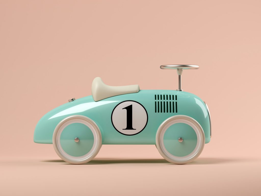 Vintage blue toy car on pink background 3D illustration